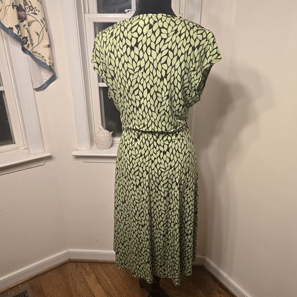 London Style Womens Green Brown Leaf Print V-Neck Midi Dress Size 10 - Picture 5 of 6